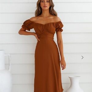 Hello Molly Off-Shoulder Rust Midi Dress